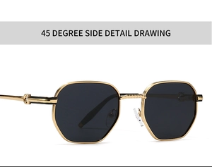 Detail of gold polygonal frame sunglasses with dark lenses and metal ring hinge