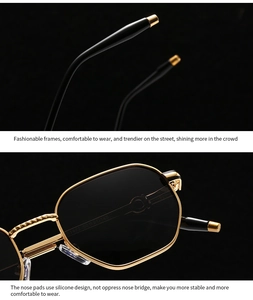 Detail of metal hinges, silicone nose pads and sleek gold frame of polygon sunglasses