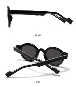 Side and back view of retro black round frame sunglasses with dark lenses