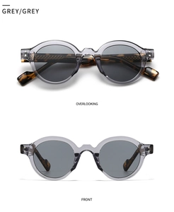 Front and top view of retro round grey sunglasses with tortoiseshell pattern temples