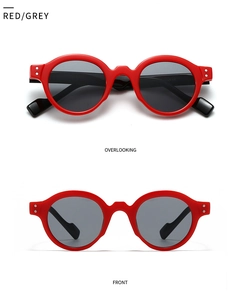 Detailed front and top views of retro red round sunglasses with dark grey lenses