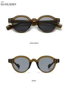 Detail view of olive green retro round sunglasses with grey lenses in two angles