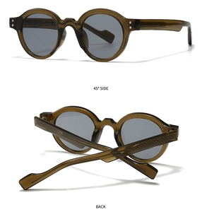 Detailed views of vintage round brown sunglasses with side and back angle perspectives
