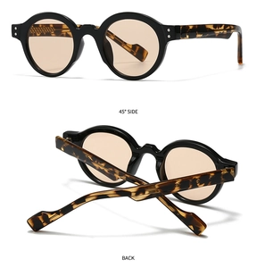 Detailed views of retro round sunglasses with black frames and tortoise temples from 45-degree
