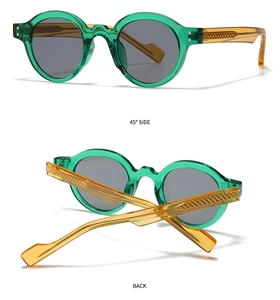 Detailed 45-degree side and back views of retro two-tone round translucent sunglasses