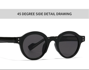45-degree side view showing thick black frame and metal rivet detail of retro sunglasses