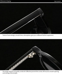 Detail of durable metal hinges and polished black frame on retro chic sunglasses