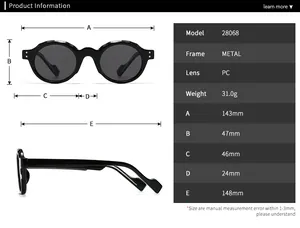 Detailed size chart for retro round metal sunglasses with frame and lens dimensions
