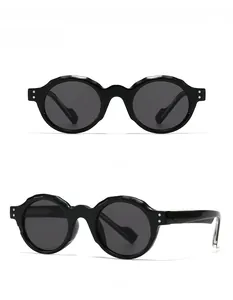 Front and side view of retro black sunglasses with unique wavy frames and metal rivets