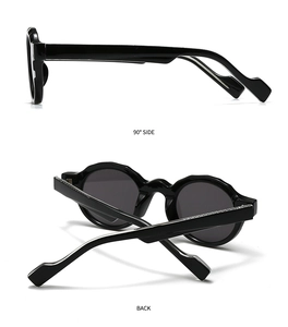 Detail view of round black sunglasses showing 90-degree side wave arms and back frame