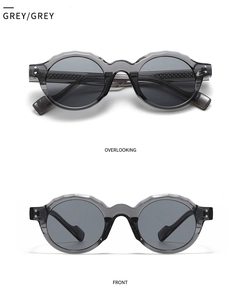 Detail view of grey retro round sunglasses with wavy texture and translucent frames
