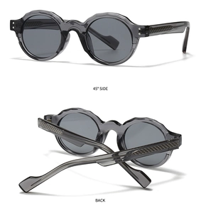 Detail view of round retro sunglasses showing the 45-degree side and back structure