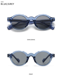 Detail of retro round blue sunglasses with grey lenses from front and top view