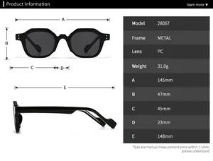 Detailed size specifications for metal frame geometric sunglasses showing precise dimensions