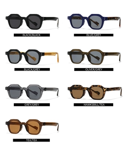 Detailed display of octagonal geometric sunglasses in seven assorted vintage color frames