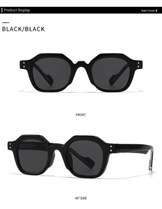 Front and side view of modern black wide-frame sunglasses with dark lenses