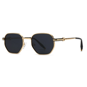 Vintage gold hexagonal polarized sunglasses with dark lenses from a 45-degree angle