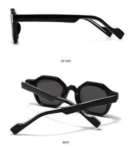 Side and back view of retro black thick frame geometric sunglasses with broad temples