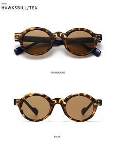 Detail view of tortoiseshell round sunglasses with tea lenses and textured frame edges