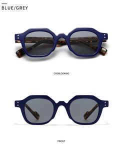 Blue geometric sunglasses with tortoiseshell temples seen from front and top views