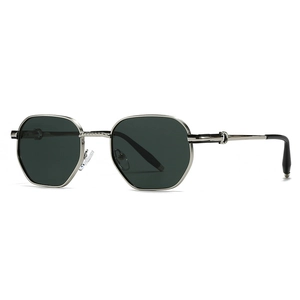 Octagonal polarized metal sunglasses with dark lenses and silver frame in a side view