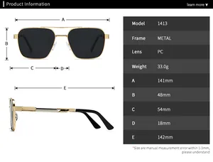 Detailed size chart for metal polarized sunglasses showing frame width and temple length
