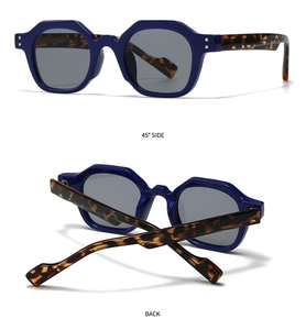 Detail view of retro blue polygon sunglasses with dark tortoise patterned temples