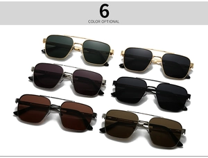Detailed view of six classic square metal frame polarized sunglasses in various colors