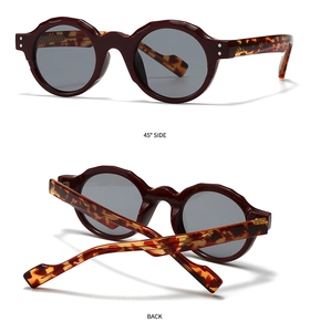 Detail showing 45-degree side and back view of burgundy wavy frame sunglasses