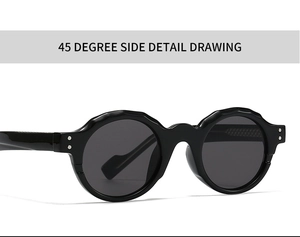 Detailed 45-degree side view of retro black round sunglasses with wavy texture and studs