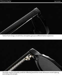 Close-up of retro sunglasses showing textured temples and premium metal hinge details