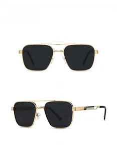 Front and side views of golden metal frame polarized sunglasses with black lenses