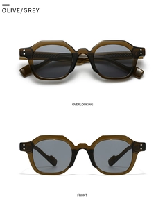 Front and top views of retro olive green translucent sunglasses with grey lenses