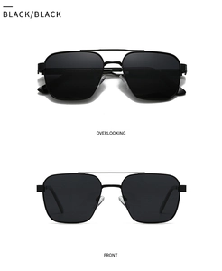 Classic polarized pilot sunglasses in black metal frame with front and top view details
