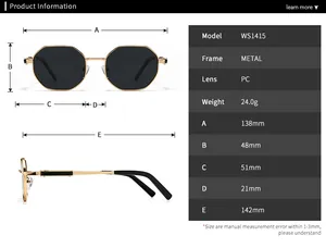 Detailed size chart for polygon metal polarized sunglasses showing full frame dimensions
