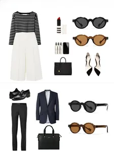 Flat lay of retro round sunglasses styled with trendy business casual outfits for men and women