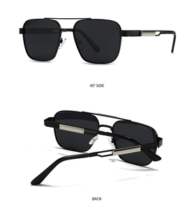 Detailed 45-degree side and back views of black square polarized sunglasses with double bridge