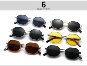 Detailed view of six colored polarized sunglasses with octagonal metal frames and textured bridge