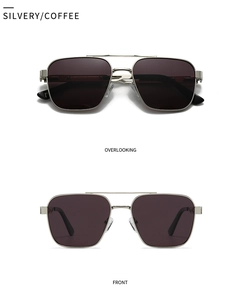 Front and top view of retro square pilot sunglasses with silver frame and coffee lenses