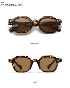 Detail of vintage tortoiseshell polygon sunglasses with tea lenses from top and front views