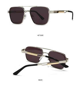 Detail view of silver square metal sunglasses showing the 45-degree side and back frame