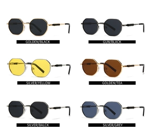 Detailed grid of polarized polygon sunglasses in six assorted frame and lens colors