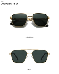 Detail view of golden metal polarized sunglasses with green lenses and double bridge design