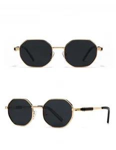 Front and 45-degree side views of golden octagonal metal polarized sunglasses with black lenses