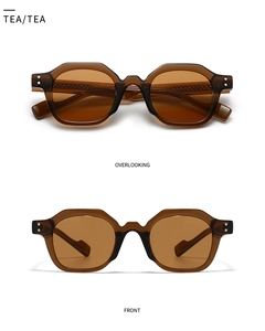 Detailed front and top view of retro geometric thick frame sunglasses in tea brown color