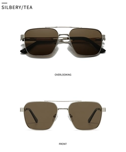 Front and top view of silver metal double bridge sunglasses with tea polarized lenses