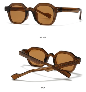 Detail view of retro geometric sunglasses showing 45-degree side and back folded profile