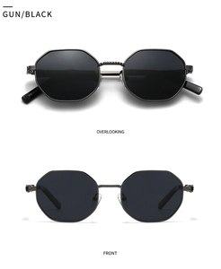 Front and top views of gunmetal polygonal polarized sunglasses with dark black lenses