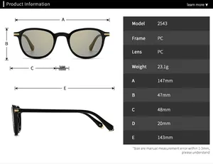 Detailed size chart for retro sunglasses with black PC frames and gold temple accents