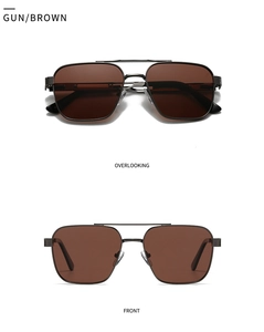Front and top view of double-bridge gunmetal square frame sunglasses with brown lenses